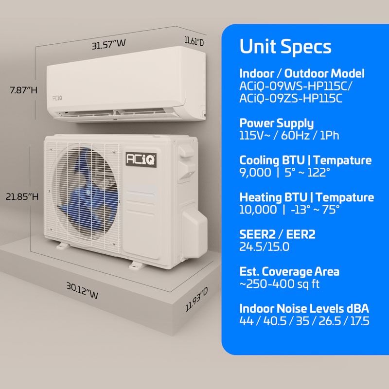 ACiQ 9,000 BTU Standard 24.5 SEER2 Single Zone Wall Mount Mini Split Heat Pump System - R454B | 115V